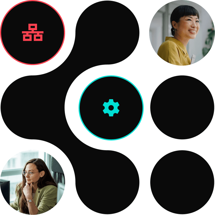 women wearing glasses, red and teal icons, abstract black bubble graphic